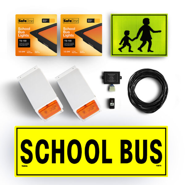 Image of the contents of the Victorian school bus light exterior mount kit for Toyota HiAce Commuter buses, including school bus signage, front amber school bus lights in a white mount, rear window mount school bus lights, flasher unit, switch and wiring loom