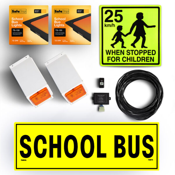 Image of the contents of the South Australian school bus light exterior mount kit for Toyota HiAce Commuter buses, including school bus signage, front amber school bus lights in a white mount, rear surface mount school bus lights, flasher unit, switch and wiring loom