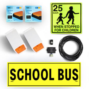 Image of the contents of the South Australian school bus light exterior mount kit for Toyota HiAce Commuter buses, including school bus signage, front amber school bus lights in a white mount, rear surface mount school bus lights, flasher unit, switch and wiring loom