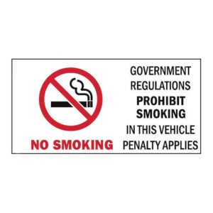 No Smoking sticker with text 150mm x 80mm, printed on white vinyl
