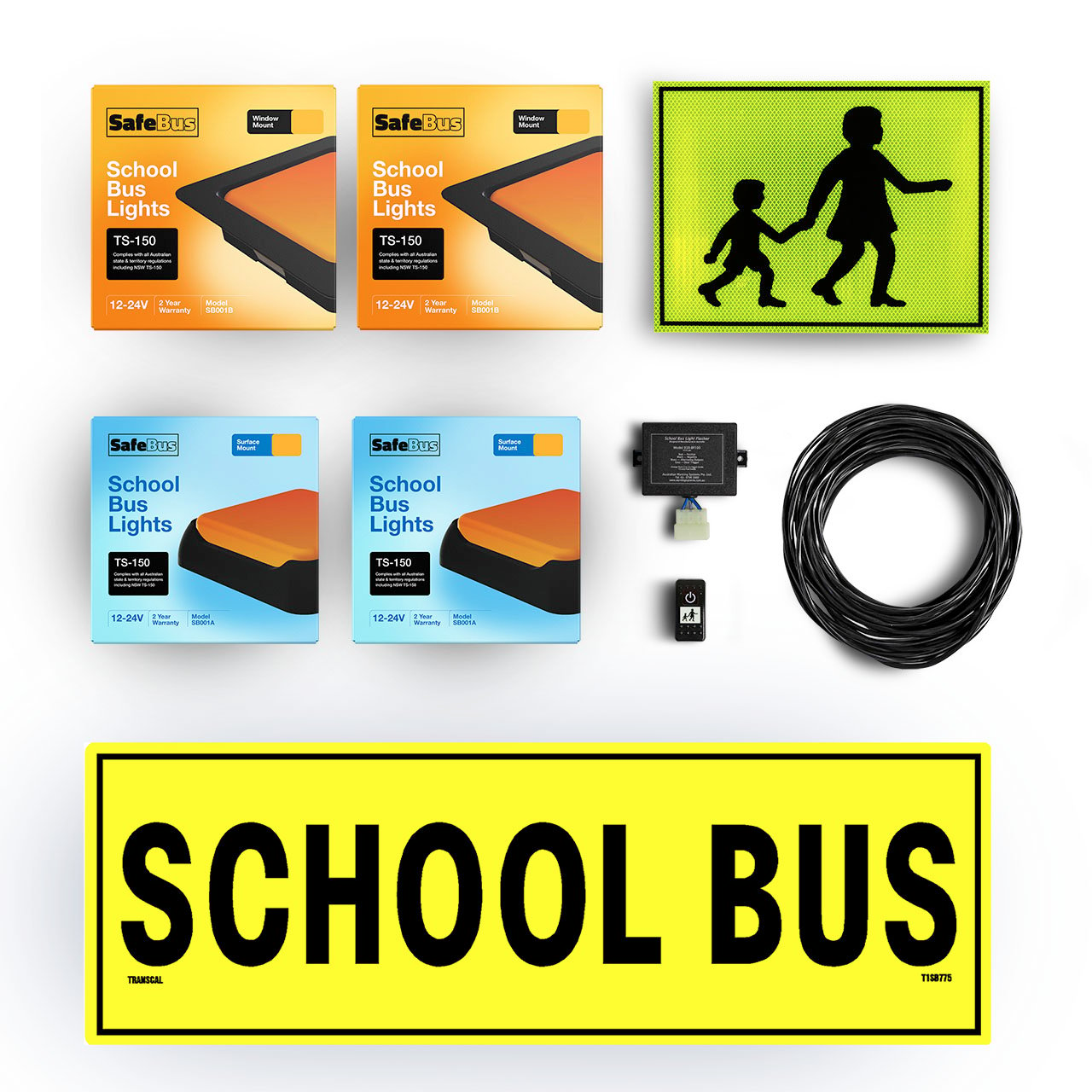 Image of the contents of the Queensland school bus light exterior mount kit for Toyota HiAce Commuter buses, including school bus signage, front amber school bus lights in a white mount, rear surface mount school bus lights, flasher unit, switch and wiring loom